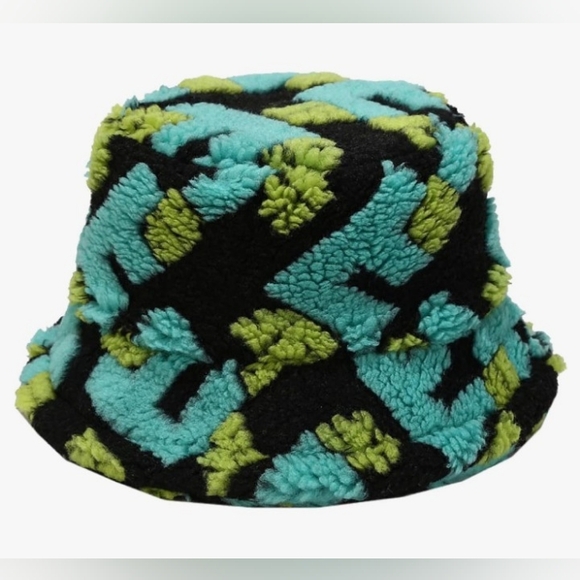 Letter Print Fuzzy Bucket Hat Color Block Plush Hat - Picture 2 of 7